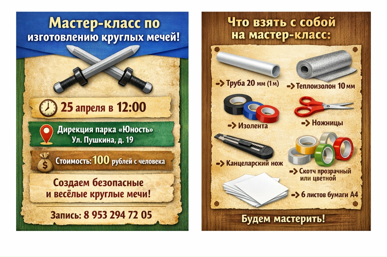 📅 БРЯНСК 25 апреля в 12:00 приглашаем на мастер-класс по изготовлению круглых мечей! 📍 Место проведения: Дирекция парка «Юность» Брянск ул. Пушкина, д. 19 💰 Стоимость: 100 руб. с человека 👩‍🏫 Ведущая: Евгения Макарова 📞 Контактный телефон: 8 953 294 72 05 БРОНИРОВАНИЕ ПО ТЕЛЕФОНУ ОБЯЗАТЕЛЬНО! ⚔ Что вас ждёт? Вы создадите безопасные мягкие мечи, с которыми можно играть дома и на улице. Они отлично подойдут для детских «сражений» — без травм и опасности, зато с полным погружением в атмосферу приключений. Каждый участник сможет почувствовать себя настоящим рыцарем! 🧰 С собой необходимо принести: ножницы канцелярский нож скотч (можно цветной) двусторонний скотч изолента теплоизолон фольгированный (10 мм) — 1 м труба полипропиленовая 20 мм — 1 м маркер 6 листов А4 Ждём всех желающих!