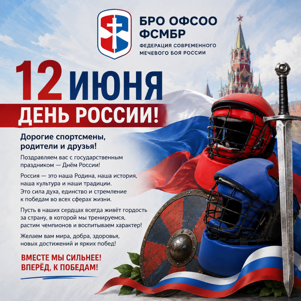 🇷🇺 С Днём России! 🇷🇺 БРО ОФСОО ФСМБР поздравляет спортсменов, родителей, тренеров, волонтёров и всех друзей современного мечевого боя с Днём России! Этот праздник объединяет всех, кто любит свою Родину, гордится её историей, культурой и достижениями. Россия — это не только великая страна с богатым прошлым, но и люди, которые своим трудом, упорством и стремлением к развитию создают её настоящее и будущее. Мы особенно рады, что через спорт можем воспитывать в подрастающем поколении силу характера, уважение к традициям, чувство ответственности и любовь к своей стране. Желаем вам крепкого здоровья, семейного благополучия, новых успехов, ярких побед и мирного неба над головой. Пусть каждый день приносит новые возможности для развития, а рядом всегда будут надёжные друзья и единомышленники. С праздником! С Днём России! 🇷🇺⚔️ #brofsmbru #ФСМБ #современныймечевойбой #смб #смбратсво #спорт #спортивнаясекция #Брянск #ДеньРоссии #12июня